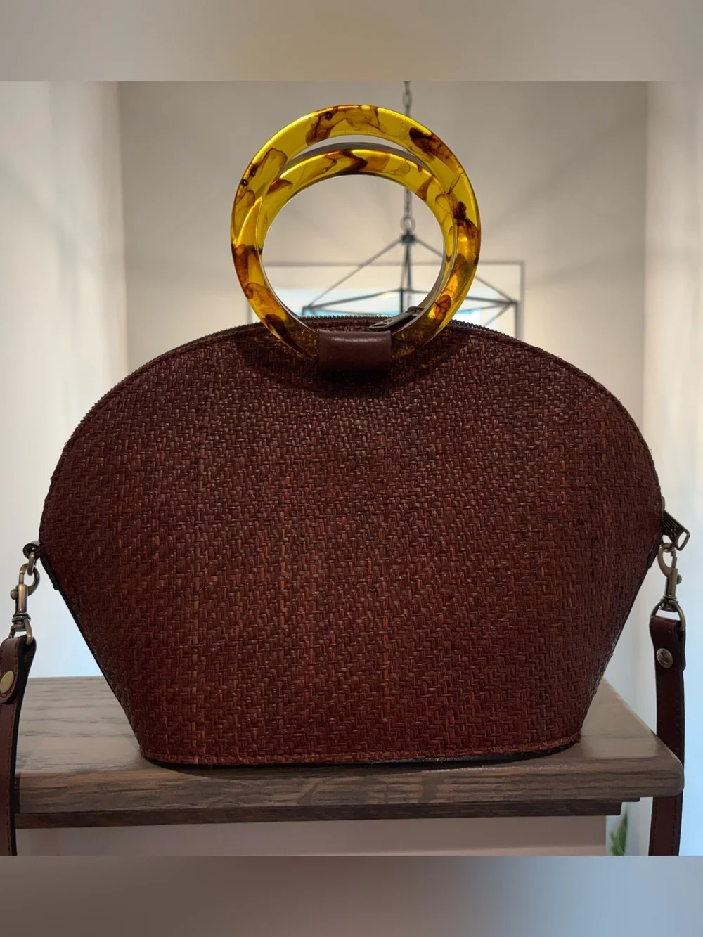 Patricia Nash Brown Woven Dome Bag with Tortoiseshell Ring Handles